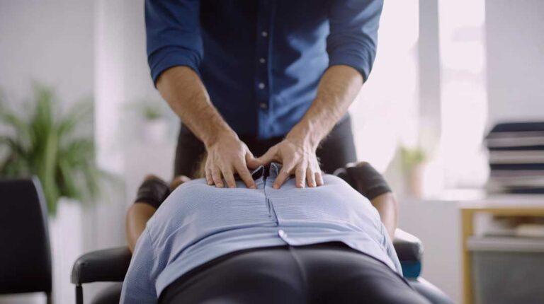A chiropractor gently examining an athlete’s knee while discussing recovery options.